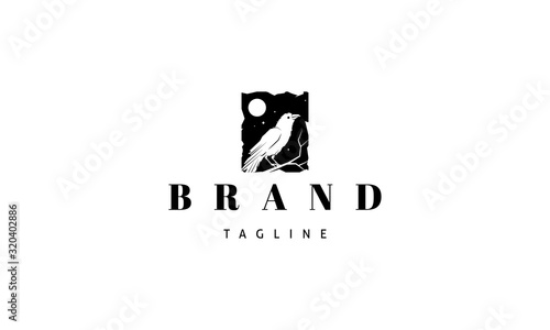 Vector logo on which an abstract image of a raven sitting on a branch in a square.