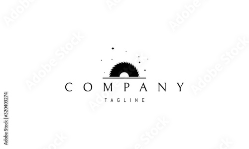 Vector logo on which an abstract image of a saw with sawdust.