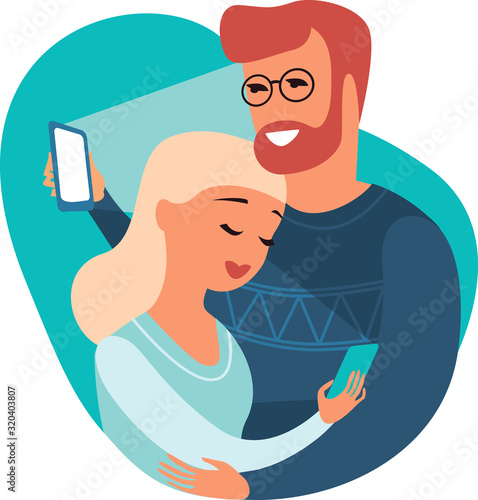 Couple of cheaters hugging and texting everyone on their smart phones
