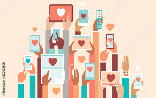 Human hands holding smart devices with heart symbols on screen