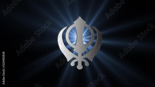 The main symbol of Sikhism is The khanda sign (silver). Blue gradient rays. 4K video