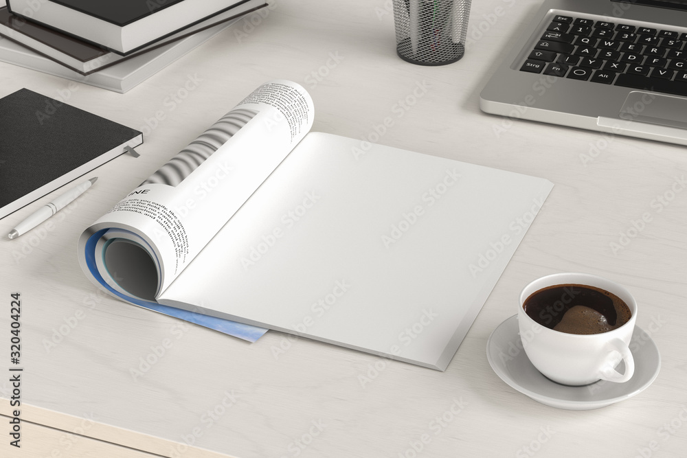 Blank magazine page. Workspace with magazine mock up on the white desk with cup of coffee. Side view. 3d illustration Blank magazine page. Workspace with magazine mock up on the white desk with cup of coffee. Side view. 3d illustration
