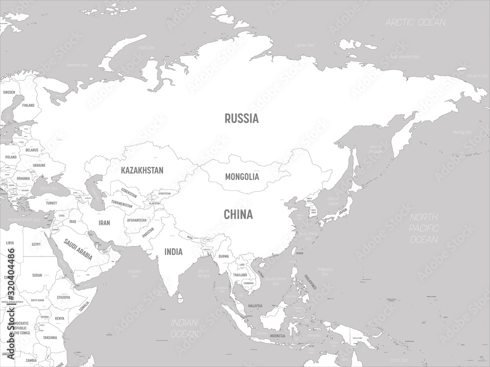 Fototapeta premium Asia - white lands and grey water. High detailed political map of asian continent with country, capital, ocean and sea names labeling