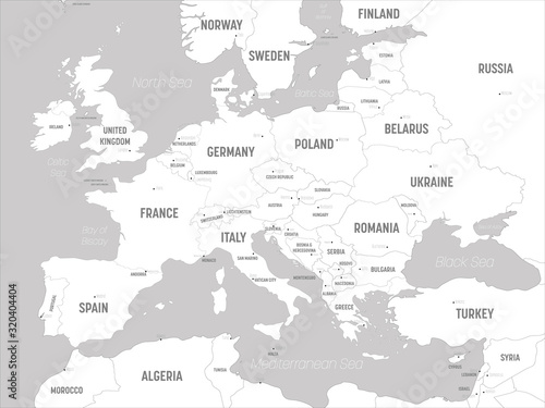 Fototapeta Naklejka Na Ścianę i Meble -  Europe map - white lands and grey water. High detailed political map of european continent with country, capital, ocean and sea names labeling
