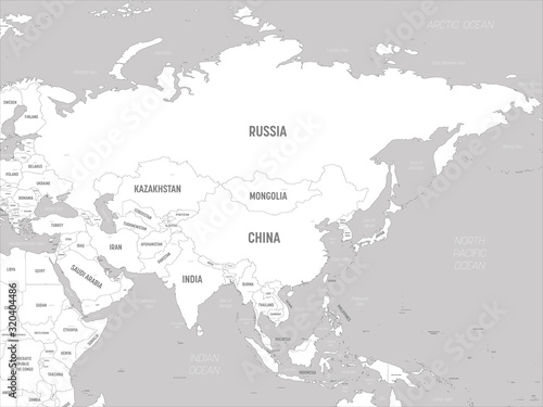 Asia - white lands and grey water. High detailed political map of asian continent with country, capital, ocean and sea names labeling