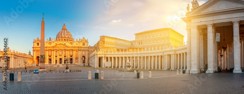 Panorama of the square and the Basilica of St. Peter in the Vatican at sunrise
