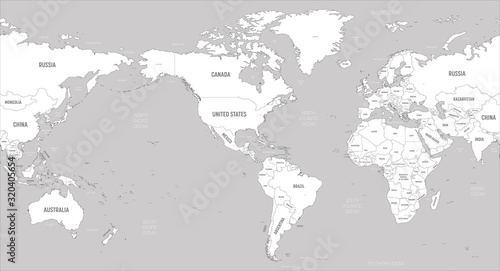 World map - America centered. White lands and grey water. High detailed political map of World with country, capital, ocean and sea names labeling