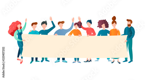 A large company of cheerful friendly young people with a poster in their hands