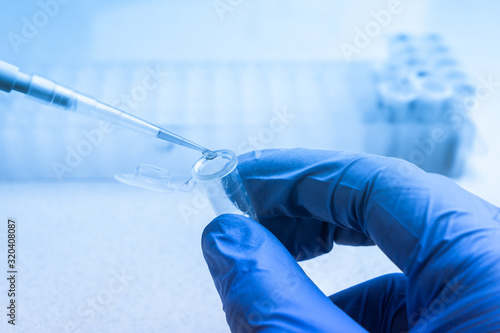 Synthesis of new vaccine or medicine against coronavirus. Clinical laboratory in process of chemical analysis. Collection of probe using automatic pipette. photo