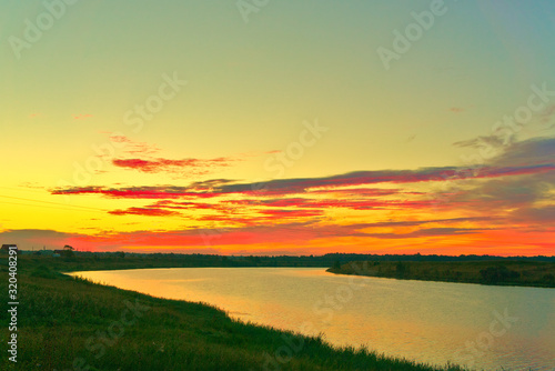 River at dawn in the summer, before sunrise. Russia, Kostroma region, Kostroma river.