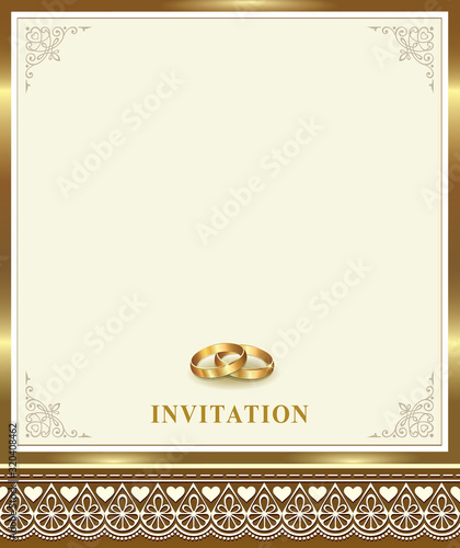 Background wedding invitation in a golden frame with hearts and rings