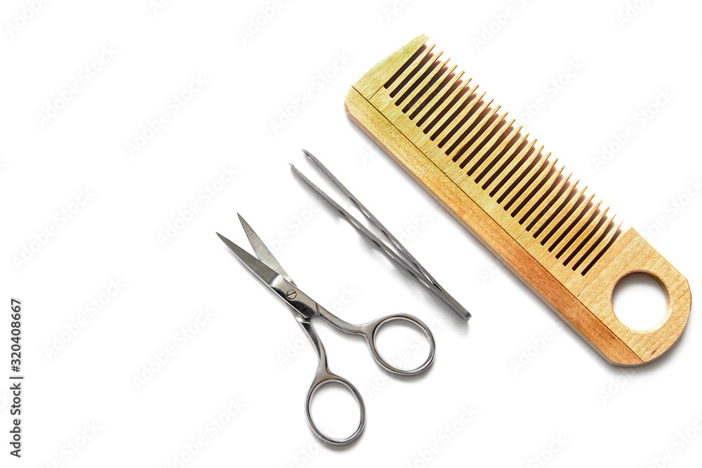 hairdressing tools, scissors, comb, tweezers, on a white background hairdressing tools, scissors, comb, tweezers, on a white background
