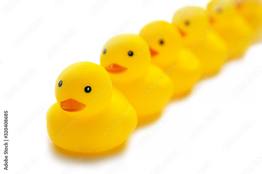 Cute toys yellow rubber ducklings on a white background Cute toys yellow rubber ducklings on a white background