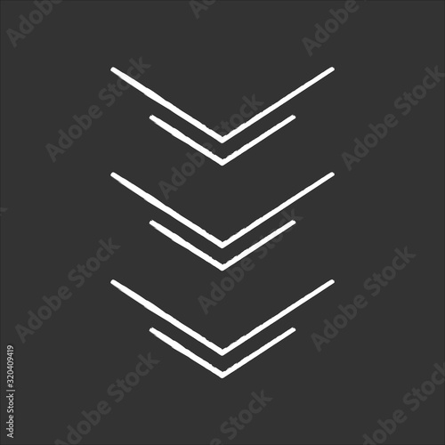 Three down arrows chalk white icon on black background. Page browsing direction, download. Website pointer. Scrolldown application interface button. Isolated vector chalkboard illustration