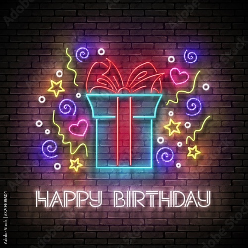 Vintage Glow Greeting Card with Gift, Confetti and Happy Birthday Inscription