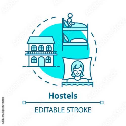 Hostels concept icon. Affordable accommodation, budget travel idea thin line illustration. Cheap hotel, guesthouse lodging. Vector isolated outline RGB color drawing. Editable stroke