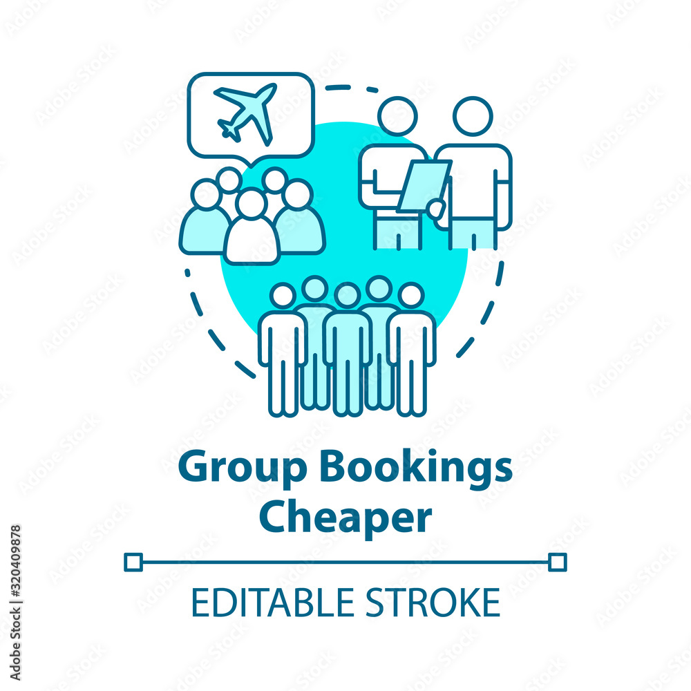 Group booking cheaper concept icon. Collective tour reservation discounts idea thin line illustration. Tourists traveling together vector isolated outline RGB color drawing. Editable stroke Group booking cheaper concept icon. Collective tour reservation discounts idea thin line illustration. Tourists traveling together vector isolated outline RGB color drawing. Editable stroke
