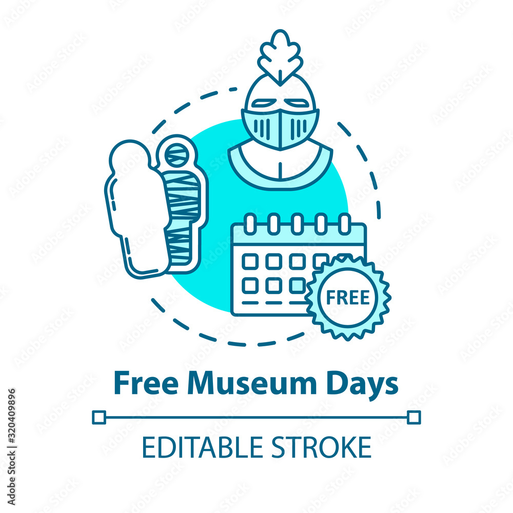 Free museum days concept icon. Admission discounts, inexpensive guided tours idea thin line illustration. Budget travel pastime. Vector isolated outline RGB color drawing. Editable stroke