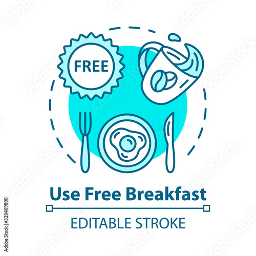 Use free breakfast concept icon. Budget travel, cost effective nutrition idea thin line illustration. Morning meal on the house. Vector isolated outline RGB color drawing. Editable stroke