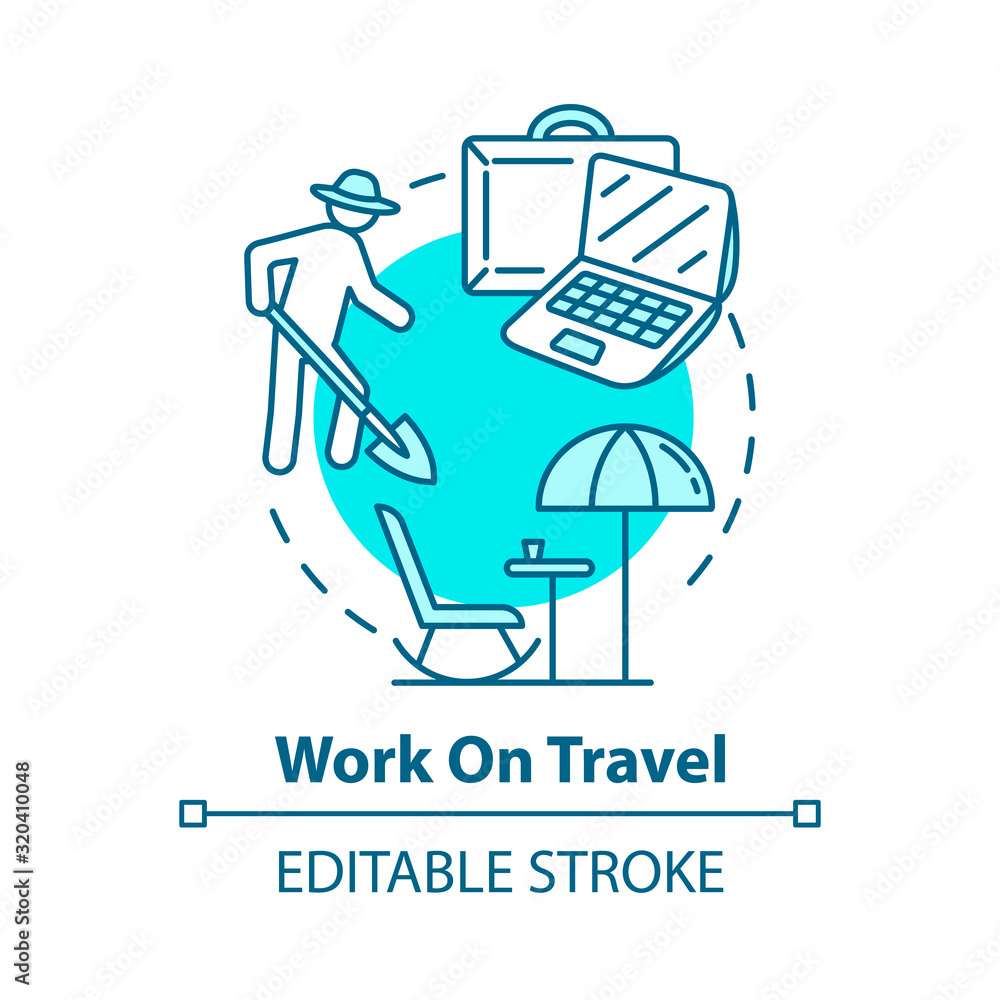 Work on travel concept icon. Vacation job, affordable tourism idea thin line illustration. Seasonal side job on holidays. Vector isolated outline RGB color drawing. Editable stroke Work on travel concept icon. Vacation job, affordable tourism idea thin line illustration. Seasonal side job on holidays. Vector isolated outline RGB color drawing. Editable stroke