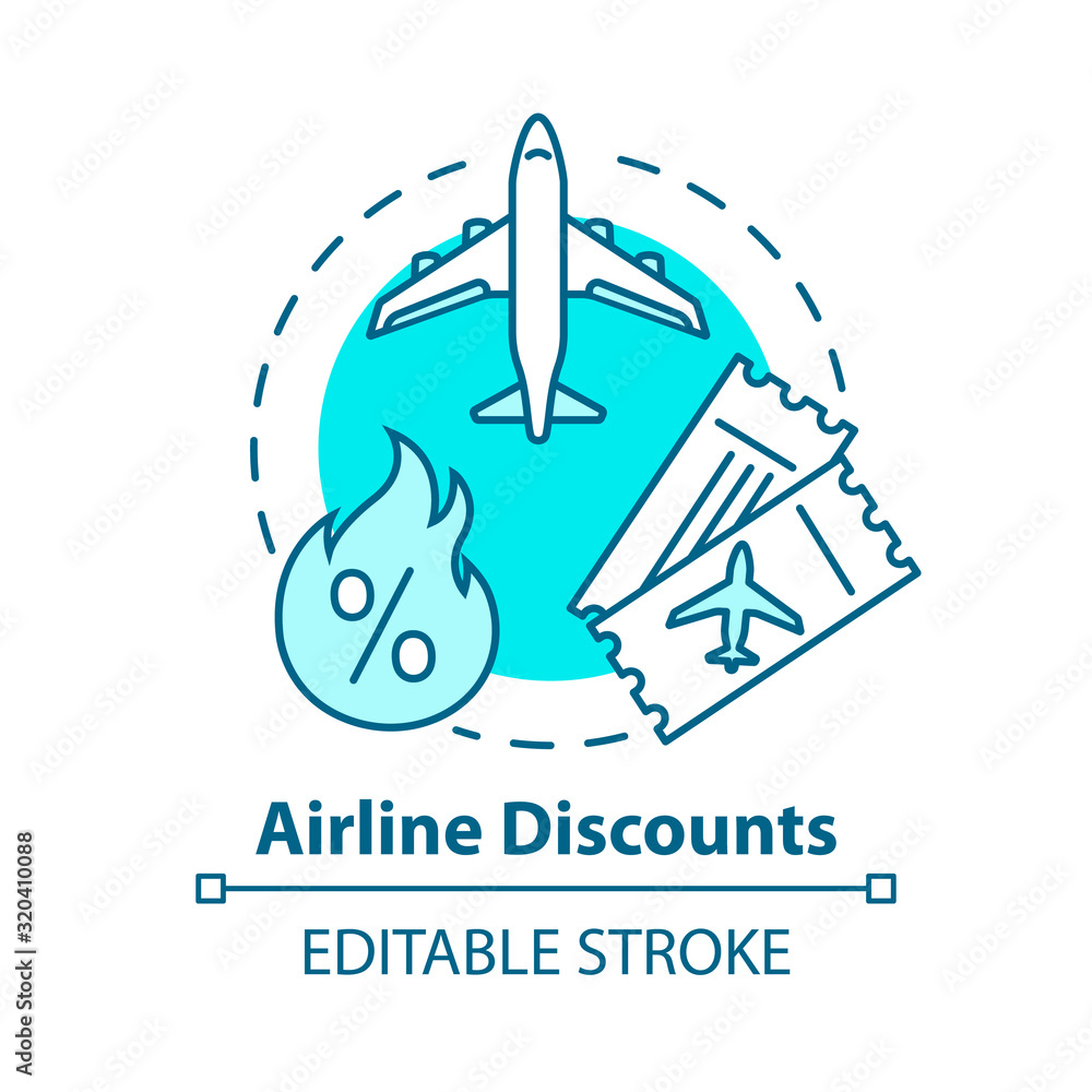 Airline discounts concept icon. Affordable travel, budget tourism idea thin line illustration. Airway company special offer, cheap tickets. Vector isolated outline RGB color drawing. Editable stroke Airline discounts concept icon. Affordable travel, budget tourism idea thin line illustration. Airway company special offer, cheap tickets. Vector isolated outline RGB color drawing. Editable stroke
