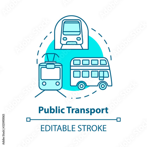 Public transport concept icon. Affordable travel means, budget tourism idea thin line illustration. Subway train, bus and tram vector isolated outline RGB color drawing. Editable stroke