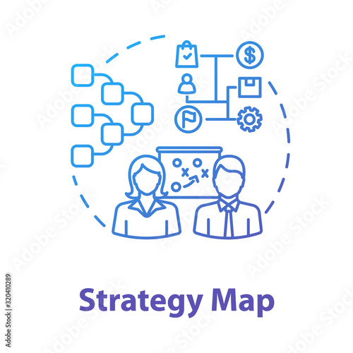 Strategy map concept icon. Career in marketing. Entrepreneurship, startup. Teamwork on project. Business planning idea thin line illustration. Vector isolated outline RGB color drawing