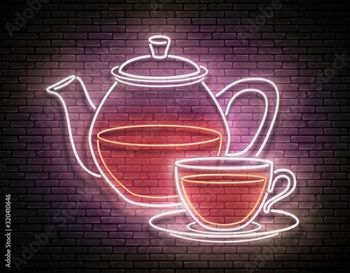 Vintage Glow Signboard with Glass Tea Pot and Cup
