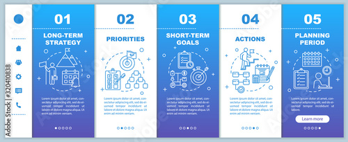 Strategy for business onboarding vector template. Priorities and actions. Planning period. Responsive mobile website with icons. Webpage walkthrough step screens. RGB color concept