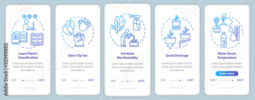 Flowers concern onboarding mobile app page screen with concepts. Humidity maintenance. Herbs cultivation walkthrough five steps graphic instructions. UI vector template with RGB color illustrations
