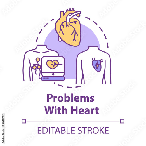 Problems with heart concept icon. Heart attack. Emergency medical treatment. Hospital diagnosis. Heartburn idea thin line illustration. Vector isolated outline RGB color drawing. Editable stroke