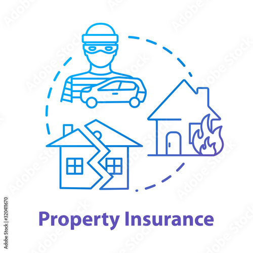 Property insurance concept icon. Home coverage. House robbery. Crime, theft. Weather disaster damage. Real estate idea thin line illustration. Vector isolated outline RGB color drawing
