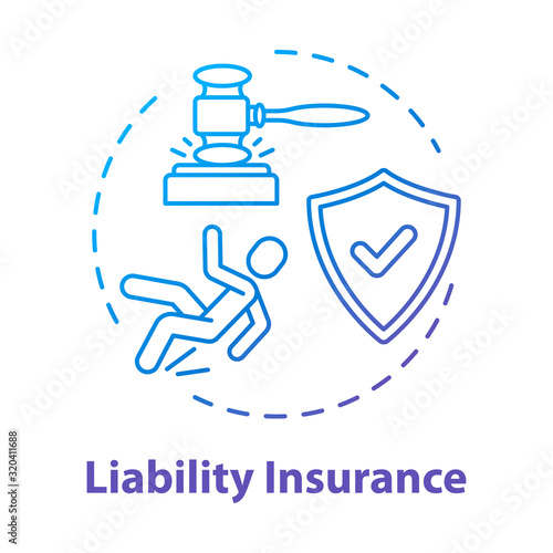 Liability insurance concept icon. Financial regulation. Legal claim. Lawsuit for incident. Insured and guarded life. Accident idea thin line illustration. Vector isolated outline RGB color drawing