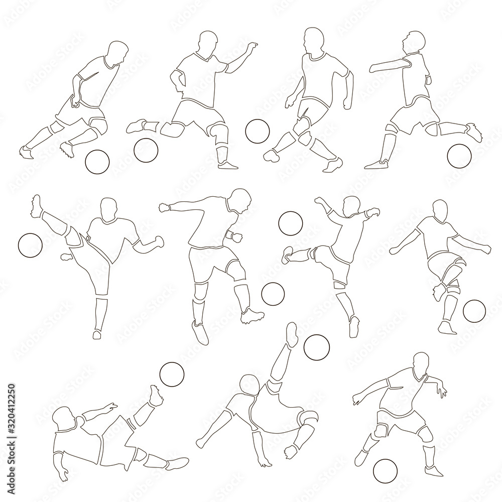 Set of vector illustrations of soccer players with the ball in different poses. Drawings in a style outline on a white isolated background.