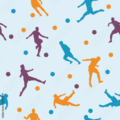 Pattern, vector illustration of soccer players with the ball in different poses. Drawings in a flat style, printing on fabric on an white blue background.