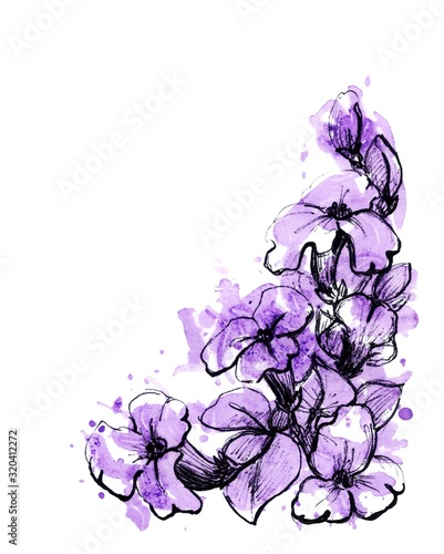  flowers,color background and black graphic,purple blot.Hand drawn watercolor illustration. card, invitation, design element. corner composition