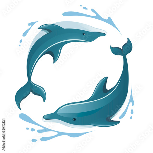 Two dolphins playing in the water logo concept design cartoon animal flat vector illustration on white background