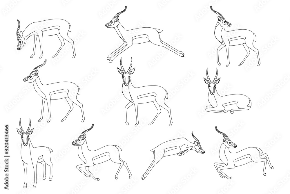 Set of african wild black-tailed gazelle with long horns cartoon animal design flat vector illustration on white background side view antelope outline style