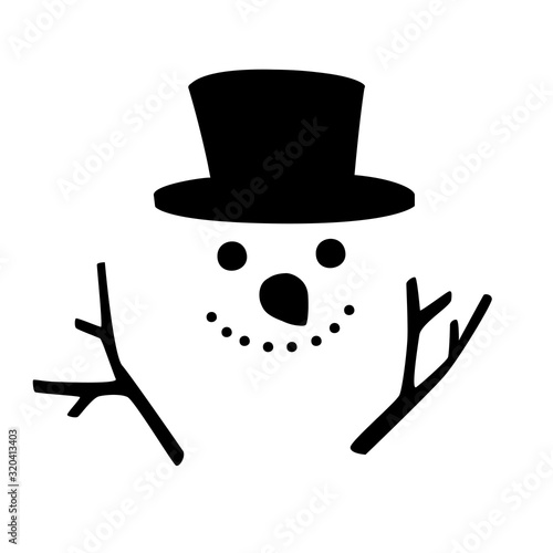 Happy snow man with black hat and smile flat vector illustration on white background
