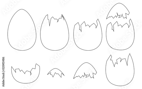 Set of egg shells whole and cracked or broken shells flat vector illustration isolated on white background outline style