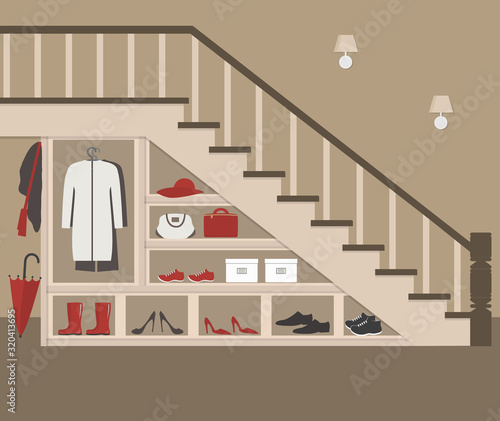 Entrance hall under the stairs. Interior. There are rubber boots, shoes, hat, coat, bags, umbrella, boxes and other objects on the shelves. Vector illustration