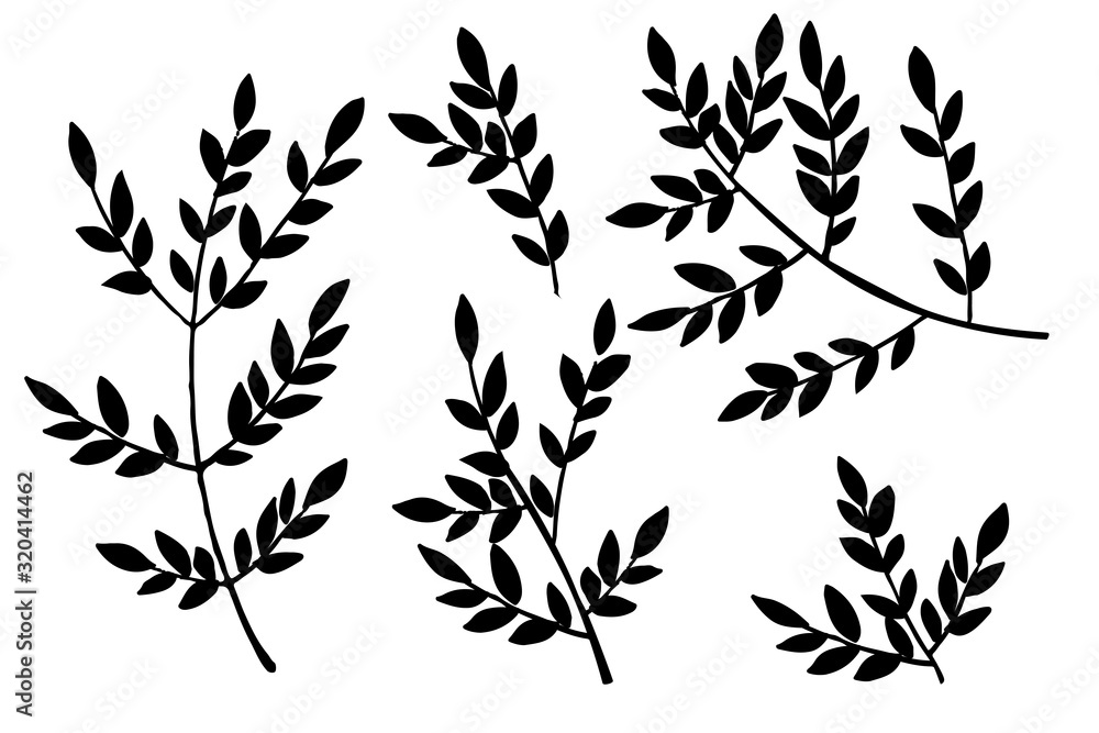Black silhouette set of hand drawn tree branches with leaves botanical flowers floral hand drawn scandinavian style art design element flat vector illustration Black silhouette set of hand drawn tree branches with leaves botanical flowers floral hand drawn scandinavian style art design element flat vector illustration