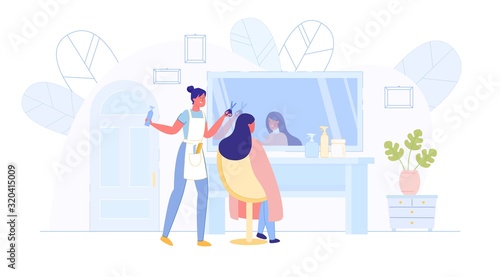 Woman Master doing Haircut for Girl in Barbershop