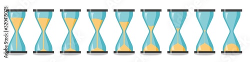 Sequence of hourglasses where time passes and the sand is pouring down.