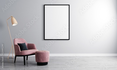 Vertical blank picture frame in empty room with white wall and armchair on wooden parquet. Room interior with armchair and blank frame for mockup. 3d rendering