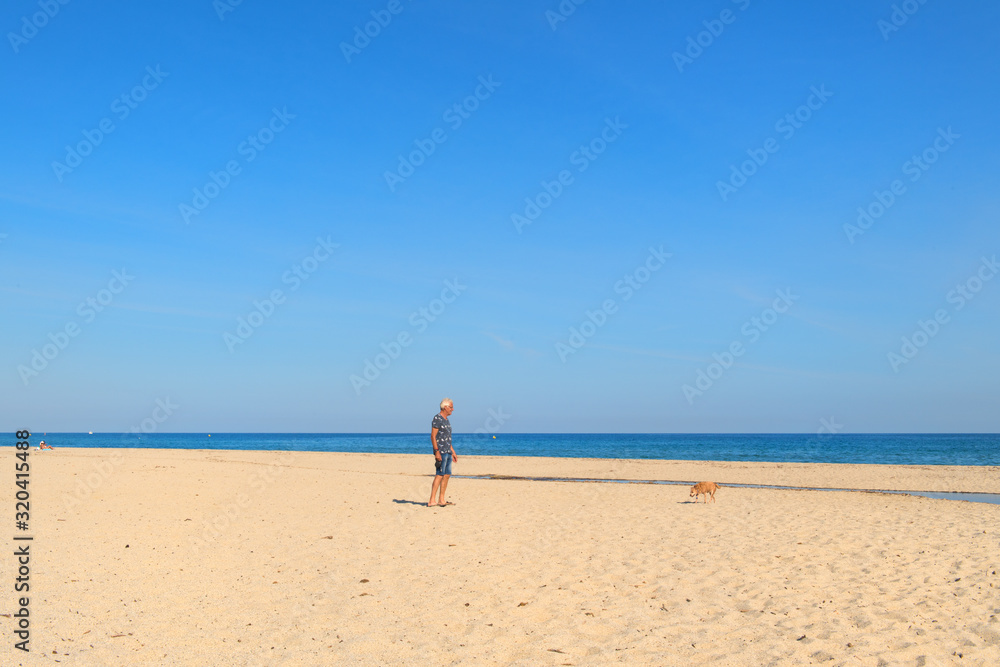 Corsica beach landscape with man and dog