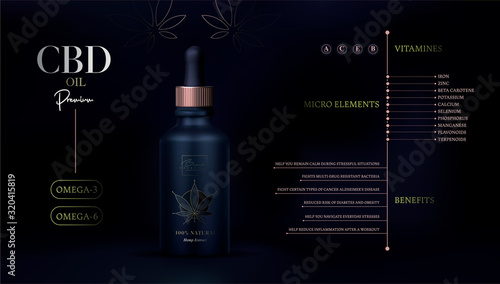 CBD oil benefits. Cannabis oil. Marijuana background. Realistic glass bottle with hemp oil. Mock up of cannabis oil extracts in jar. Medical Marijuana use flyer or banner. Recreational weed usage.