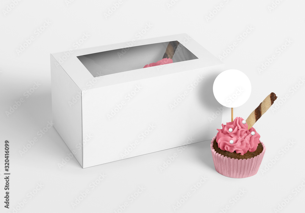 white blank cupcake box mockup with empty cupcake topper Stock Photo