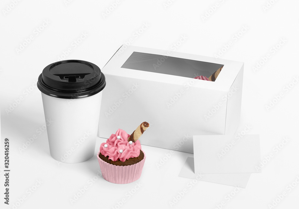 White blank cupcake box mockup with blank coffee cup and business card