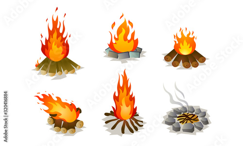 Set of burning bonfire on nature vector illustration